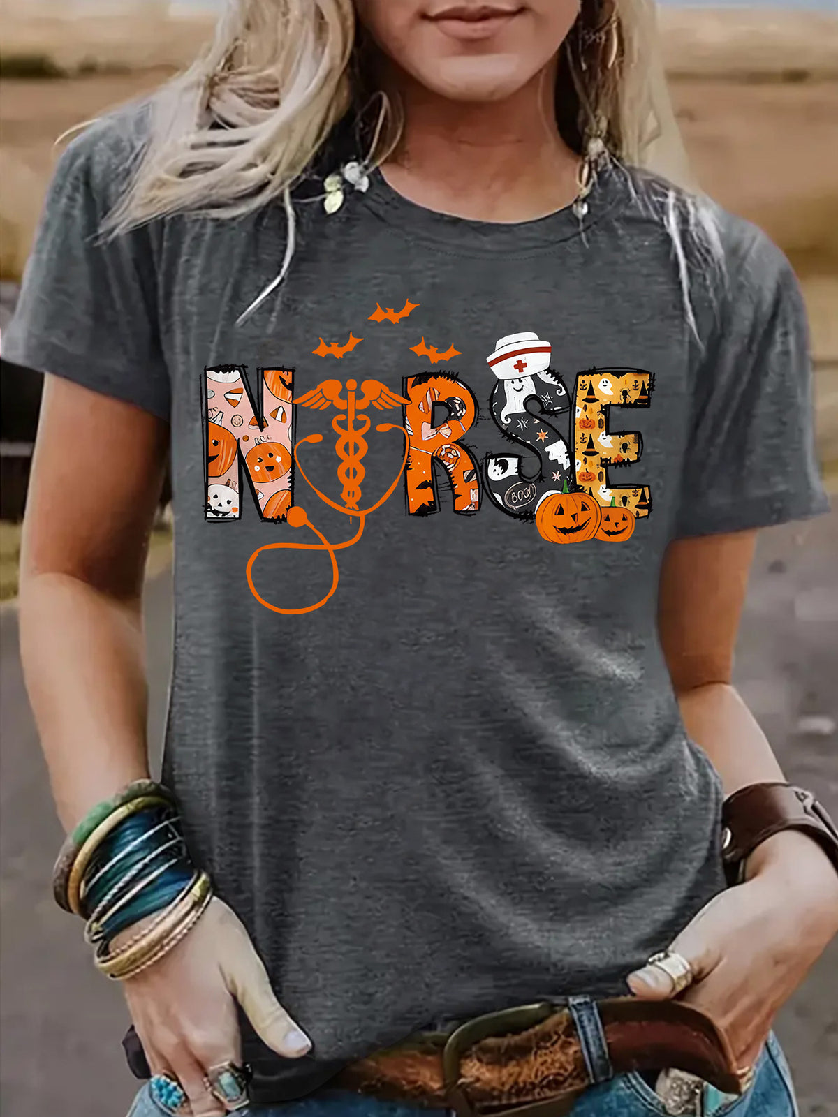 Halloween printed short sleeved t-shirt for women