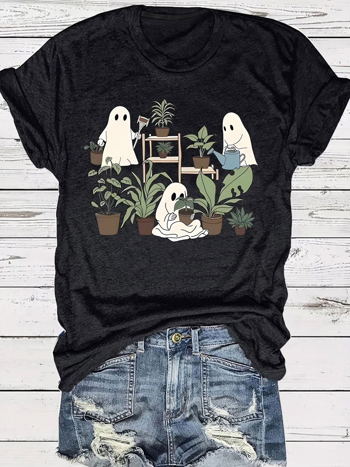 Ghost Flowers Halloween Round Neck Short Sleeve