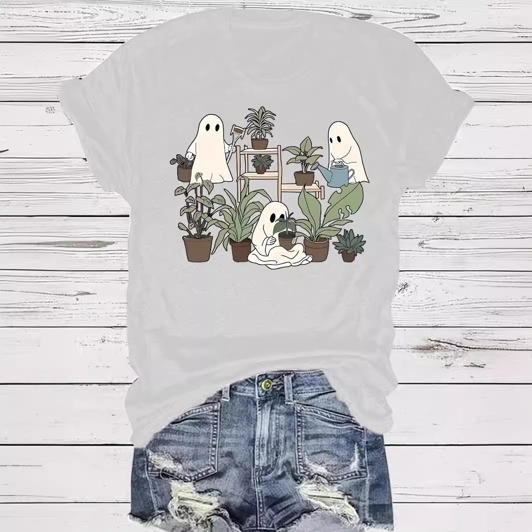 Ghost Flowers Halloween Round Neck Short Sleeve