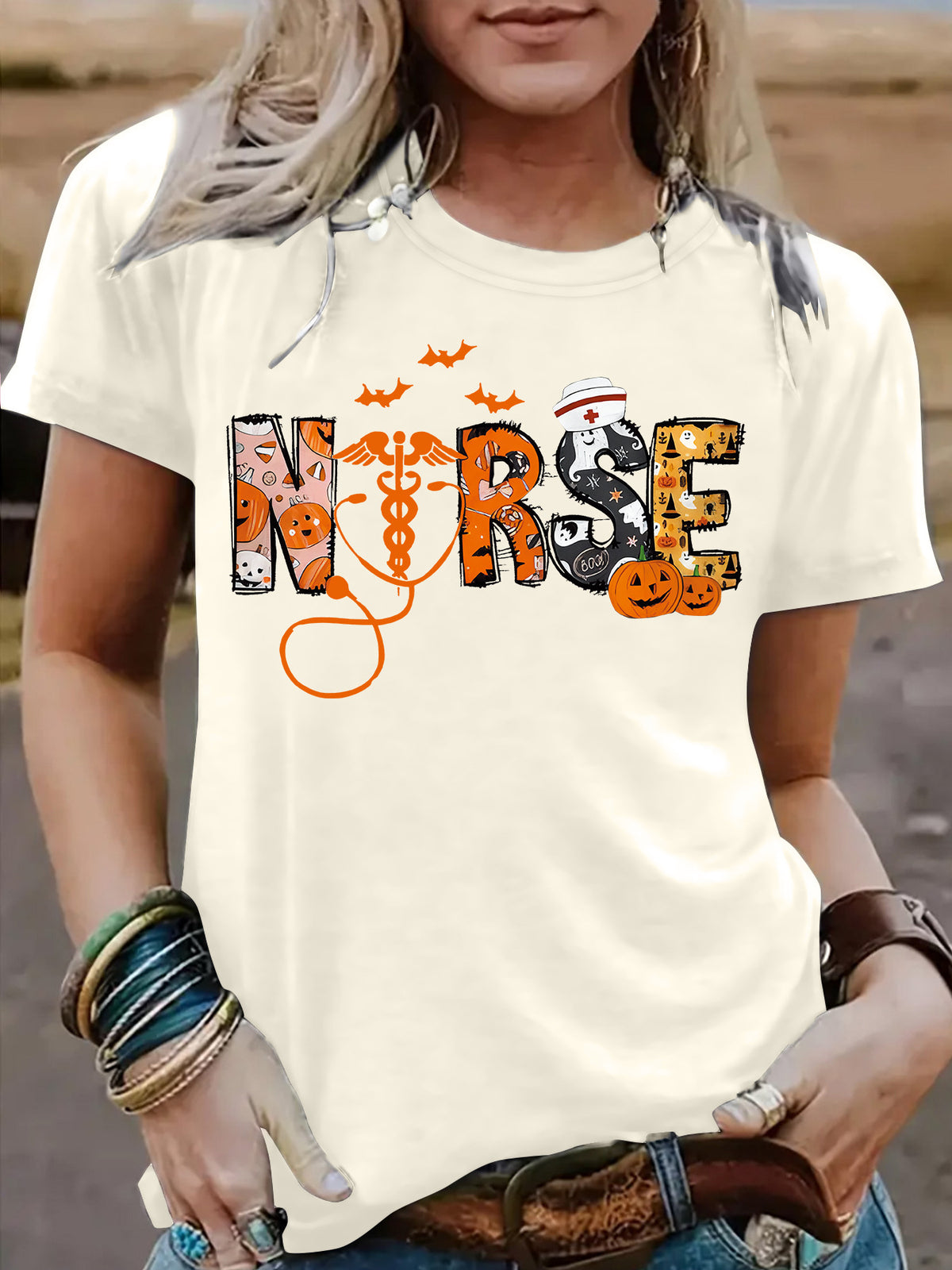 Halloween printed short sleeved t-shirt for women